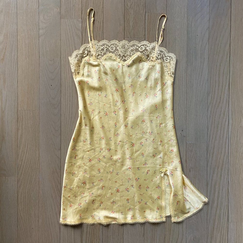 '90s Yellow Silk Lace Floral Slip Dress